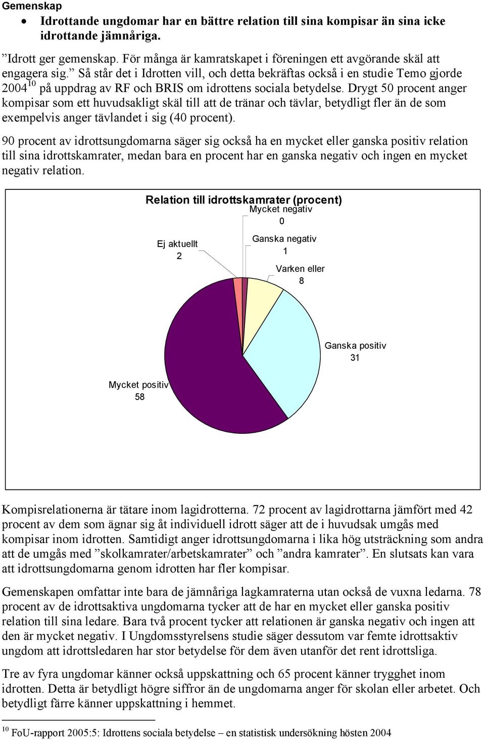 Så står det i Idrotten vill, och detta bekräftas också i en studie Temo gjorde 2004 10 på uppdrag av RF och BRIS om idrottens sociala betydelse.