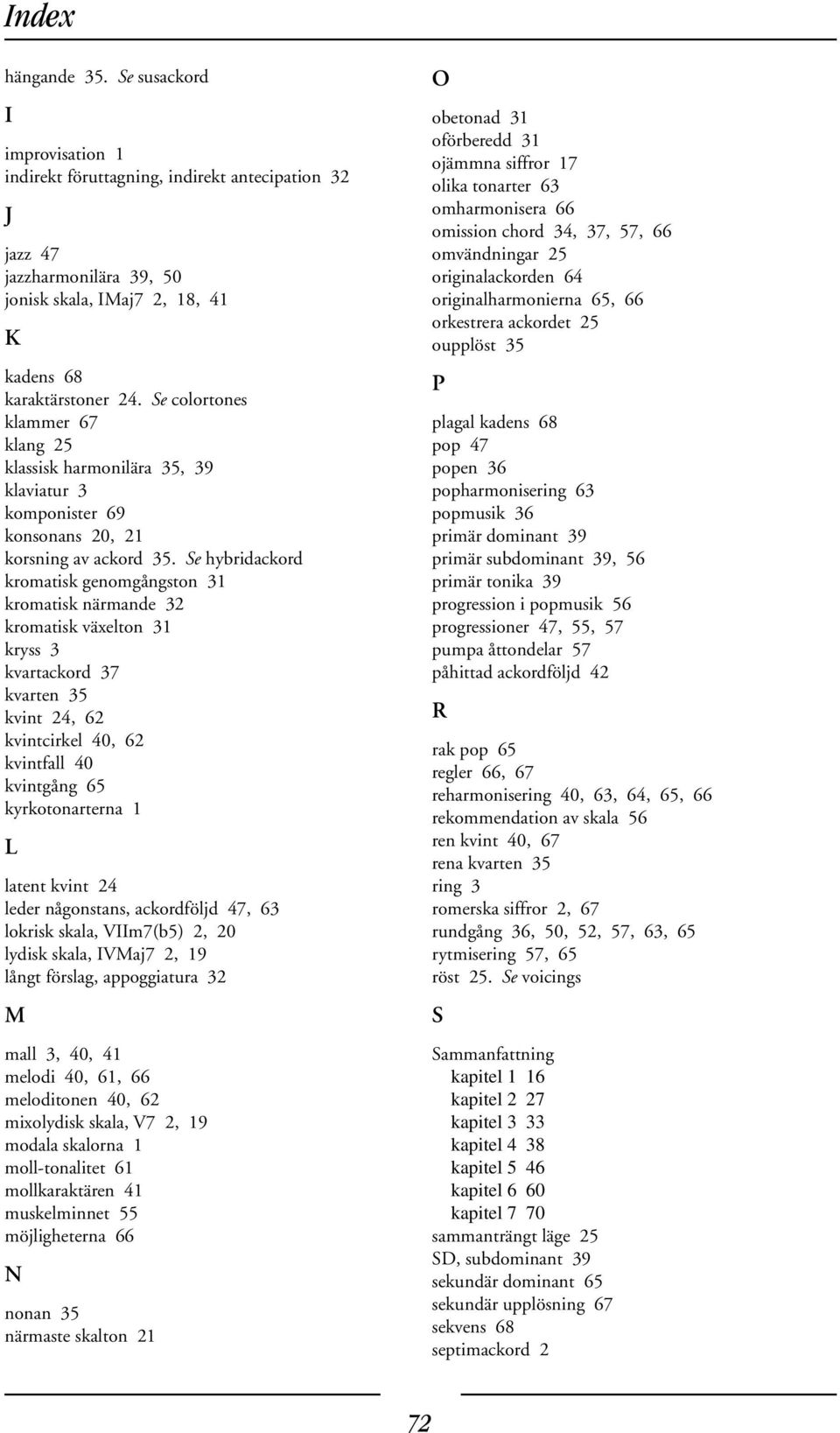 Se hybridackord kromatisk genomgångston 31 kromatisk närmande 32 kromatisk växelton 31 kryss 3 kvartackord 37 kvarten 35 kvint 24, 62 kvintcirkel 40, 62 kvintfall 40 kvintgång 65 kyrkotonarterna 1 L