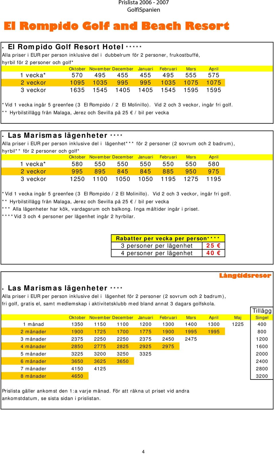 (3 El Rompido / 2 El Molinillo). Vid 2 och 3 veckor, ingår fri golf.