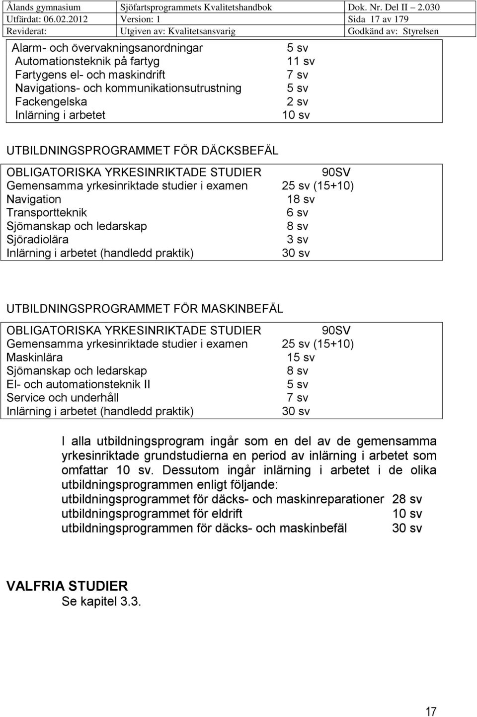 5 sv 11 sv 7 sv 5 sv 2 sv 10 sv UTBILDNINGSPROGRAMMET FÖR DÄCKSBEFÄL OBLIGATORISKA YRKESINRIKTADE STUDIER 90SV Gemensamma yrkesinriktade studier i examen 25 sv (15+10) Navigation 18 sv
