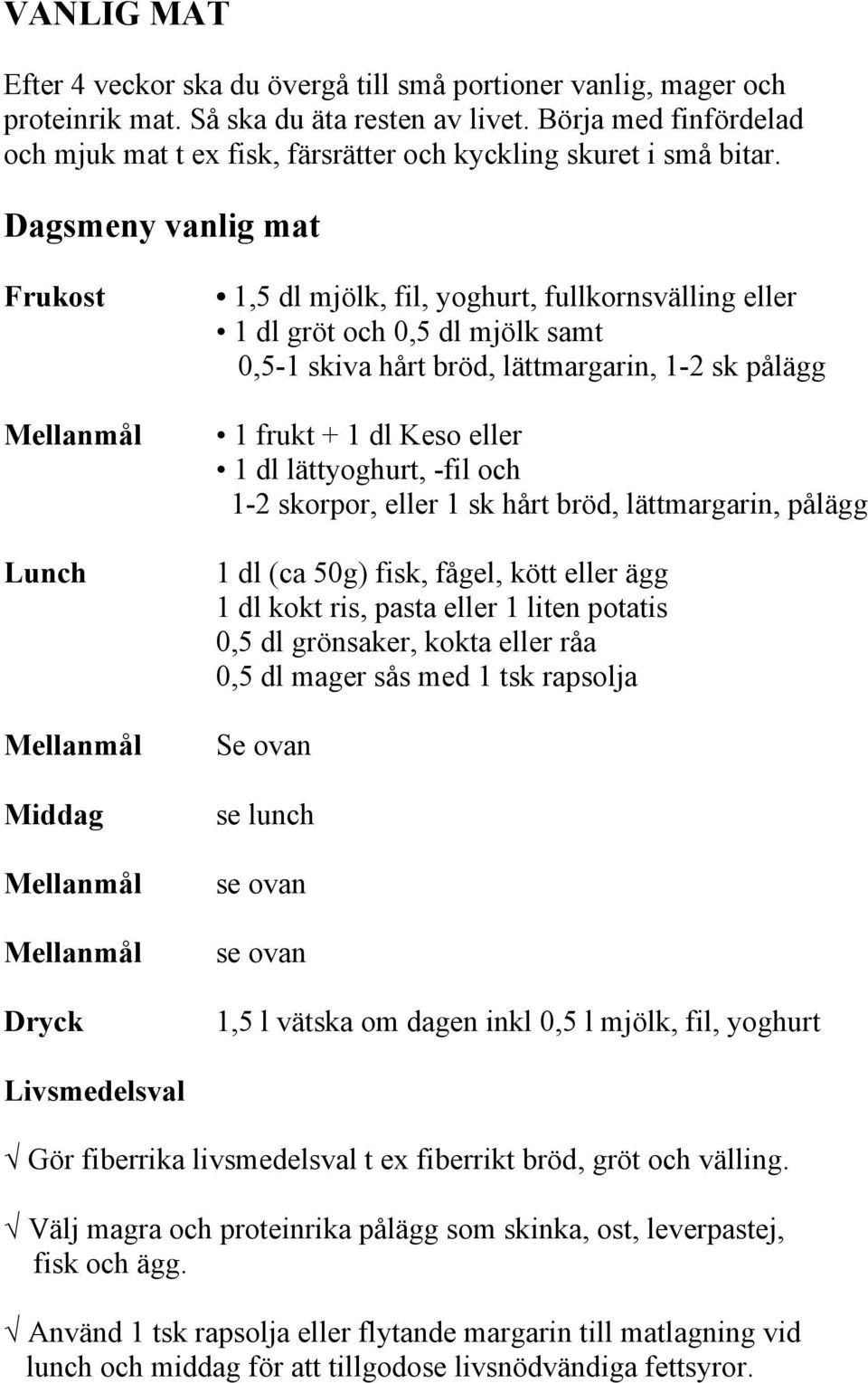 Dagsmeny vanlig mat Frukost Lunch Middag Dryck 1,5 dl mjölk, fil, yoghurt, fullkornsvälling eller 1 dl gröt och 0,5 dl mjölk samt 0,5-1 skiva hårt bröd, lättmargarin, 1-2 sk pålägg 1 frukt + 1 dl