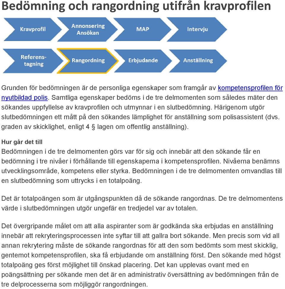 Härigenom utgör slutbedömningen ett mått på den sökandes lämplighet för anställning som polisassistent (dvs. graden av skicklighet, enligt 4 lagen om offentlig anställning).