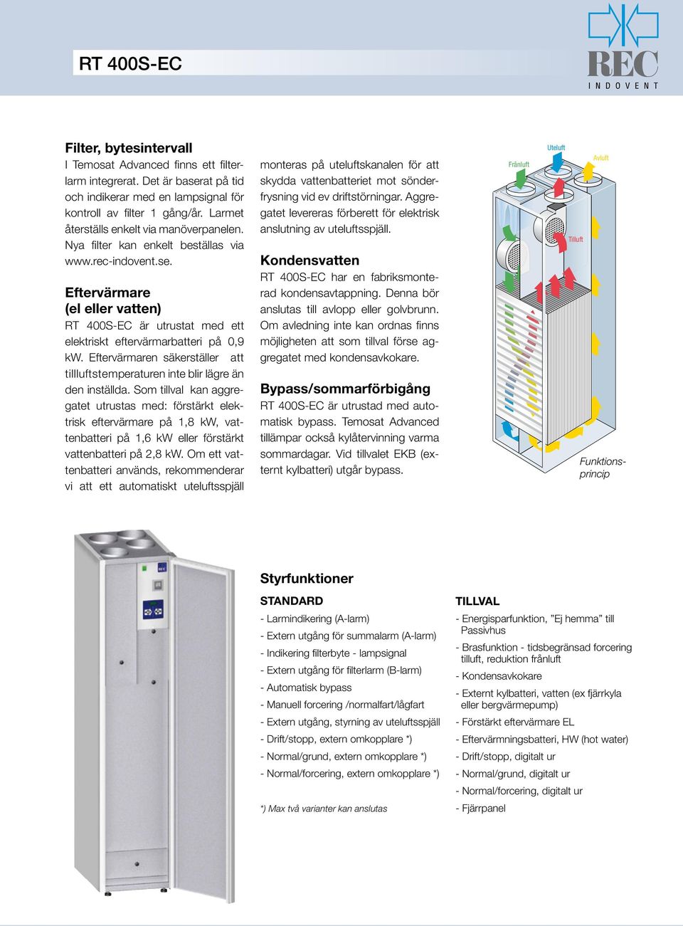 Eftervärmare (el eller vatten) RT 400S-EC är utrustat med ett elektriskt eftervärmarbatteri på 0,9 kw. Eftervärmaren säkerställer att tillluftstemperaturen inte blir lägre än den inställda.