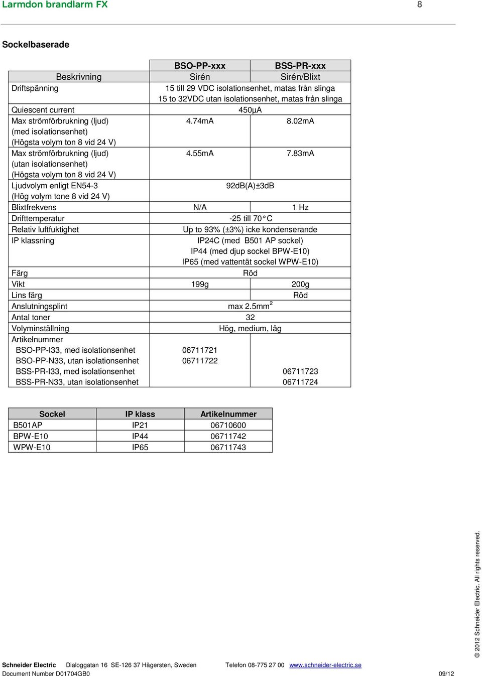 mA (utan isolationsenhet) (Högsta volym ton vid V) Ljudvolym enligt EN5- db(a)±db (Hög volym tone vid V) Blixtfrekvens N/A Hz Drifttemperatur -5 till 70 C Relativ luftfuktighet Up to % (±%) icke