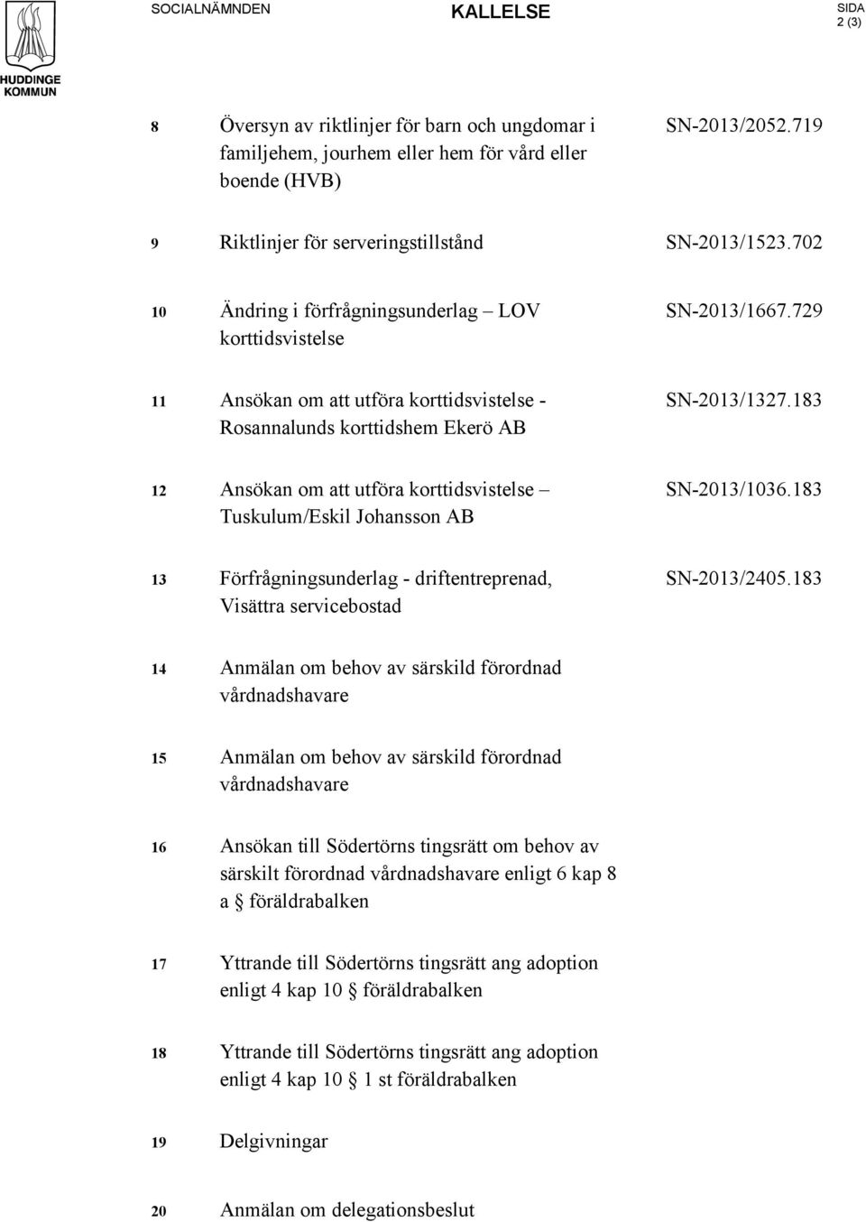 729 11 Ansökan om att utföra korttidsvistelse - Rosannalunds korttidshem Ekerö AB SN-2013/1327.183 12 Ansökan om att utföra korttidsvistelse Tuskulum/Eskil Johansson AB SN-2013/1036.