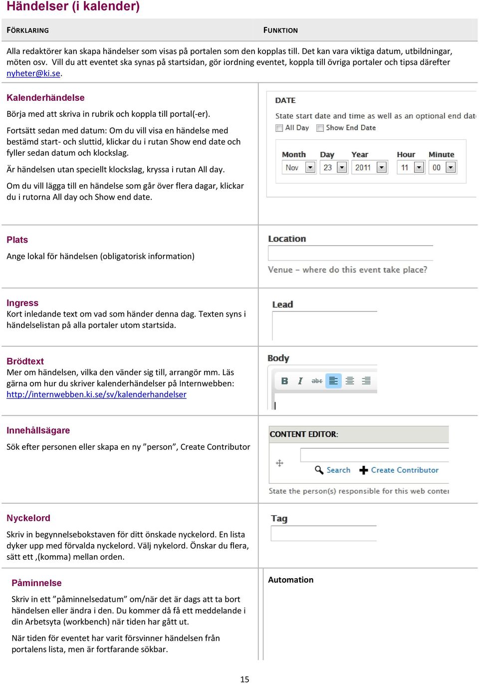 Kalenderhändelse Börja med att skriva in rubrik och koppla till portal(-er).