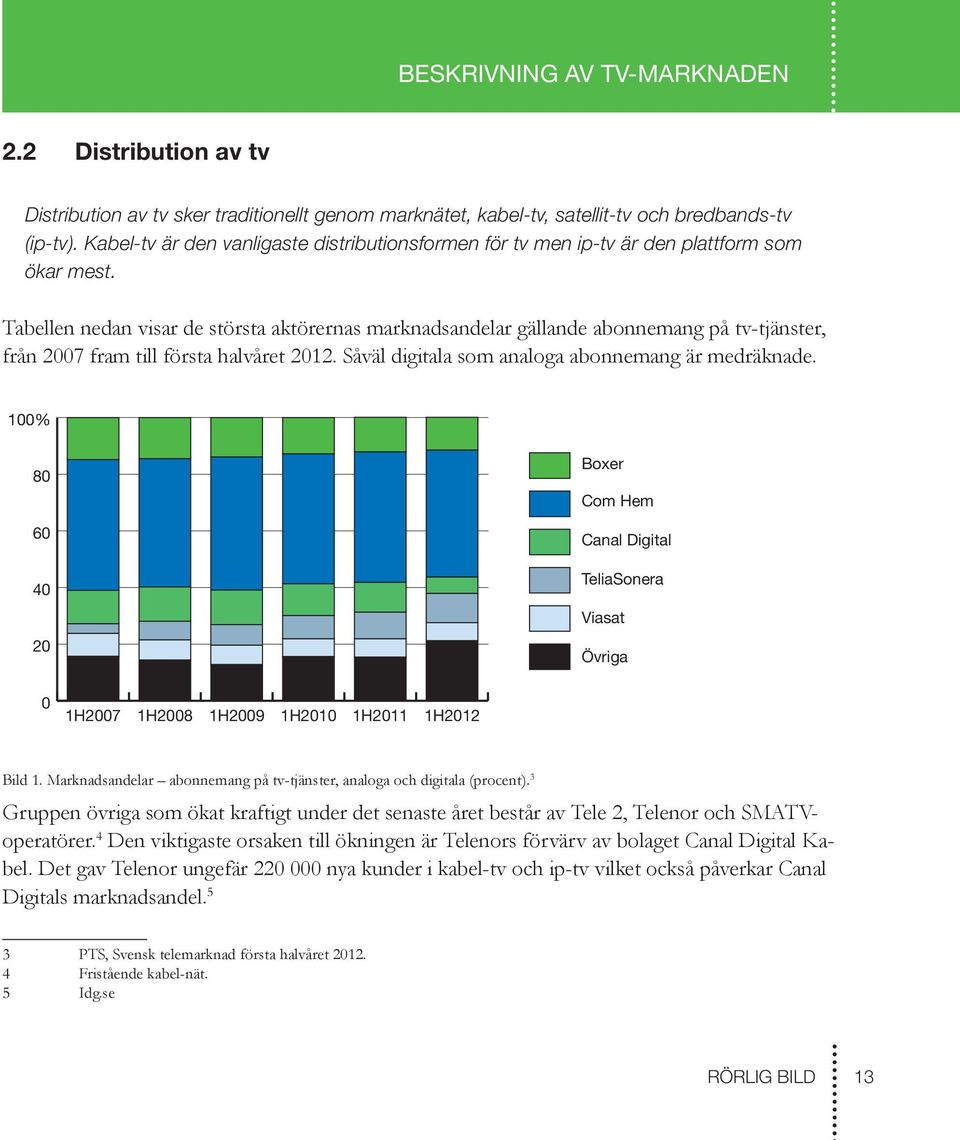 Tabellen nedan visar de största aktörernas marknadsandelar gällande abonnemang på tv-tjänster, från 2007 fram till första halvåret 2012. Såväl digitala som analoga abonnemang är medräknade.