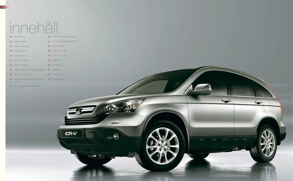 bromssystem) 29: : AFS (aktivt belysningssystem) 31: : TSA (dragstabiliseringssystem) 33: : real time 4WD 35: : motorn 2.0 i-vtec 37: : motorn 2.
