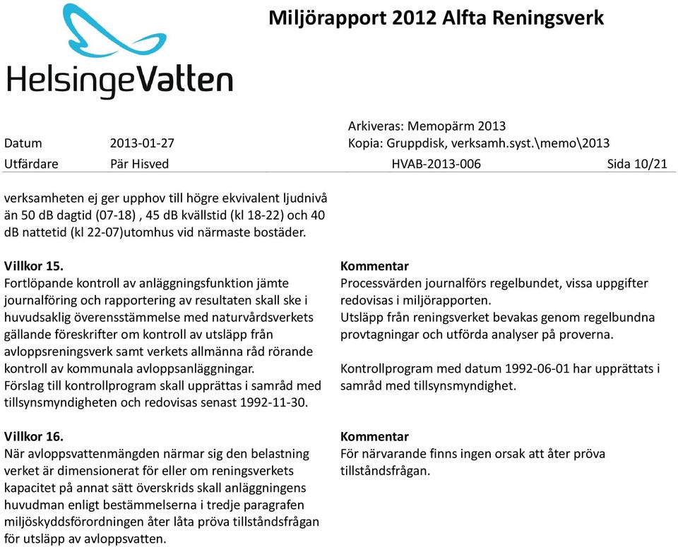 Fortlöpande kontroll av anläggningsfunktion jämte journalföring och rapportering av resultaten skall ske i huvudsaklig överensstämmelse med naturvårdsverkets gällande föreskrifter om kontroll av