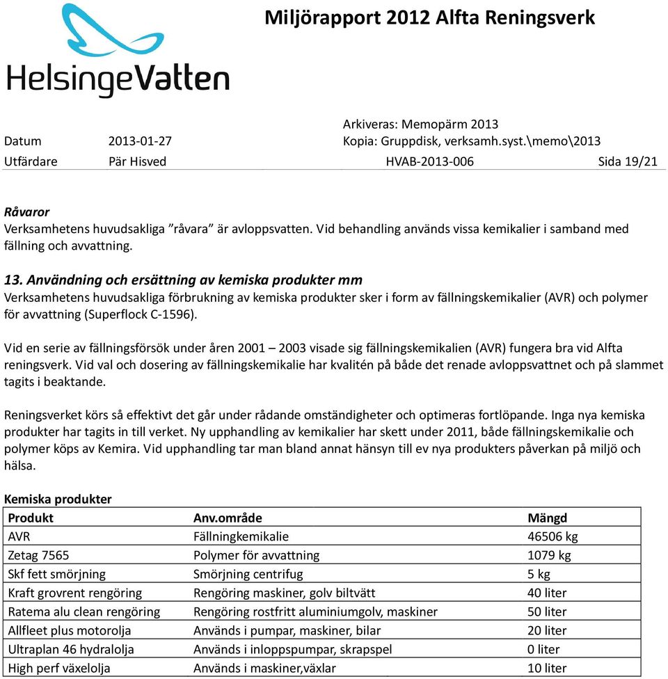 Vid en serie av fällningsförsök under åren 2001 2003 visade sig fällningskemikalien (AVR) fungera bra vid Alfta reningsverk.