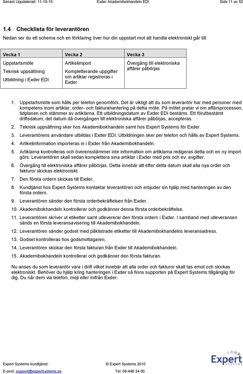 Utbildning i Exder EDI Artikelimport Kompletterande uppgifter om artiklar registreras i Exder Övergång till elektroniska affärer påbörjas 1. Uppstartsmöte som hålls per telefon genomförs.