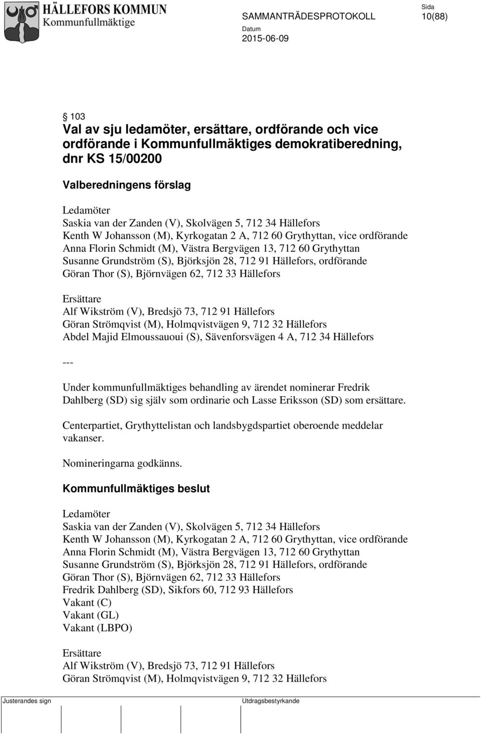Björksjön 28, 712 91 Hällefors, ordförande Göran Thor (S), Björnvägen 62, 712 33 Hällefors Ersättare Alf Wikström (V), Bredsjö 73, 712 91 Hällefors Göran Strömqvist (M), Holmqvistvägen 9, 712 32