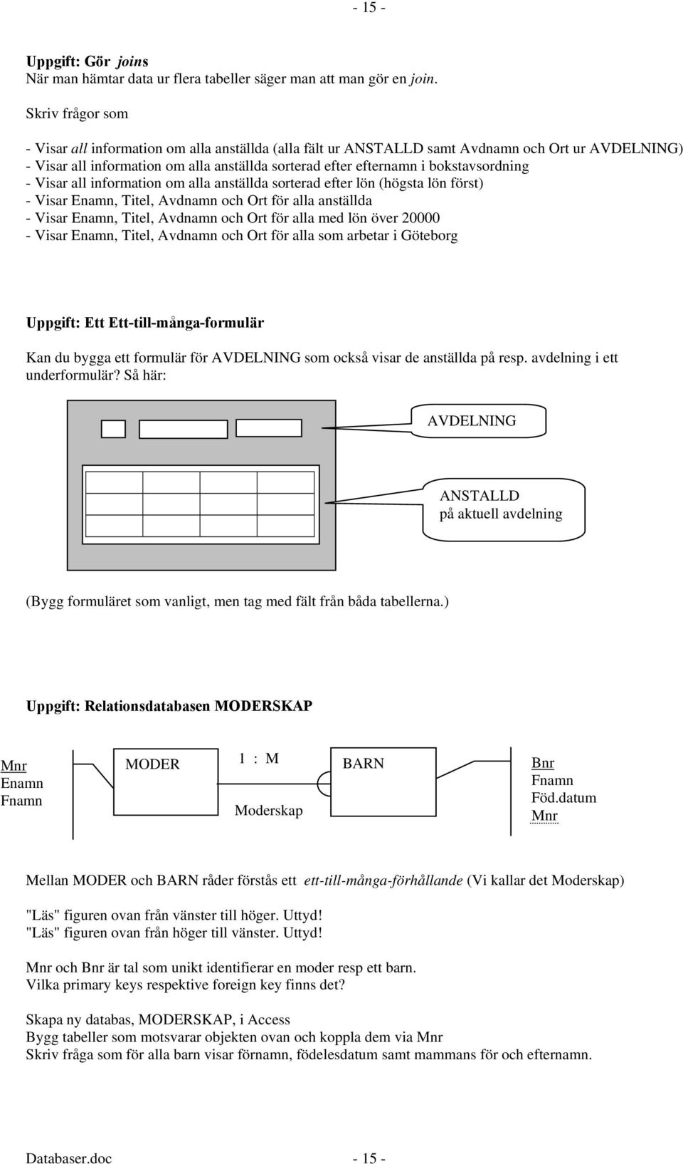 bokstavsordning - Visar all information om alla anställda sorterad efter lön (högsta lön först) - Visar Enamn, Titel, Avdnamn och Ort för alla anställda - Visar Enamn, Titel, Avdnamn och Ort för alla