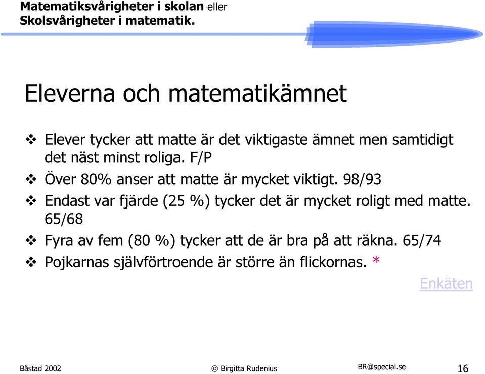 98/93 Endast var fjärde (25 %) tycker det är mycket roligt med matte.