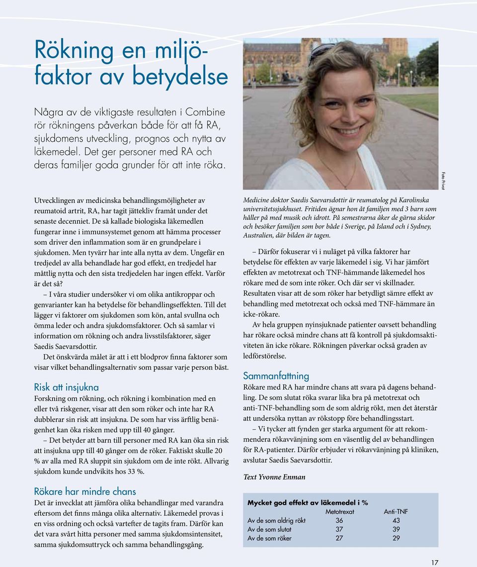Foto Privat Utvecklingen av medicinska behandlingsmöjligheter av reumatoid artrit, RA, har tagit jättekliv framåt under det senaste decenniet.
