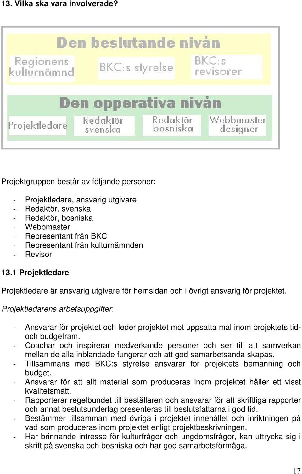 Revisor 13.1 Projektledare Projektledare är ansvarig utgivare för hemsidan och i övrigt ansvarig för projektet.