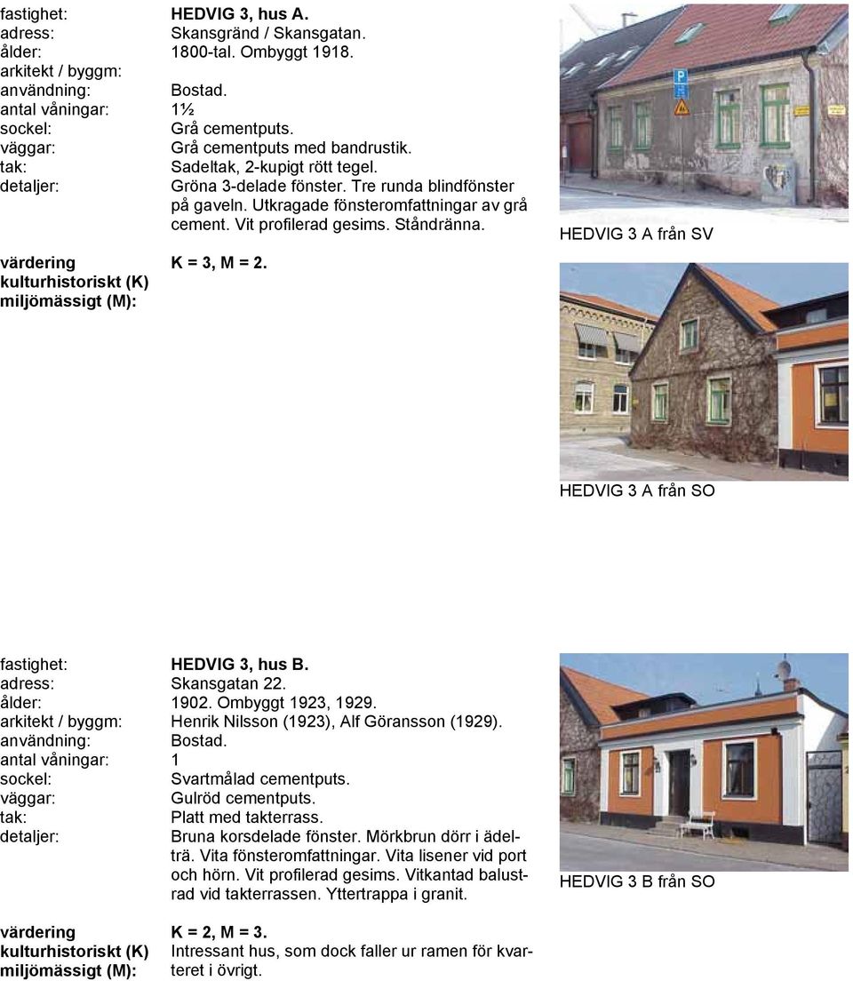 HEDVIG 3 A från SV HEDVIG 3 A från SO fastighet: HEDVIG 3, hus B. adress: Skansgatan 22. ålder: 1902. Ombyggt 1923, 1929. arkitekt / byggm: Henrik Nilsson (1923), Alf Göransson (1929).