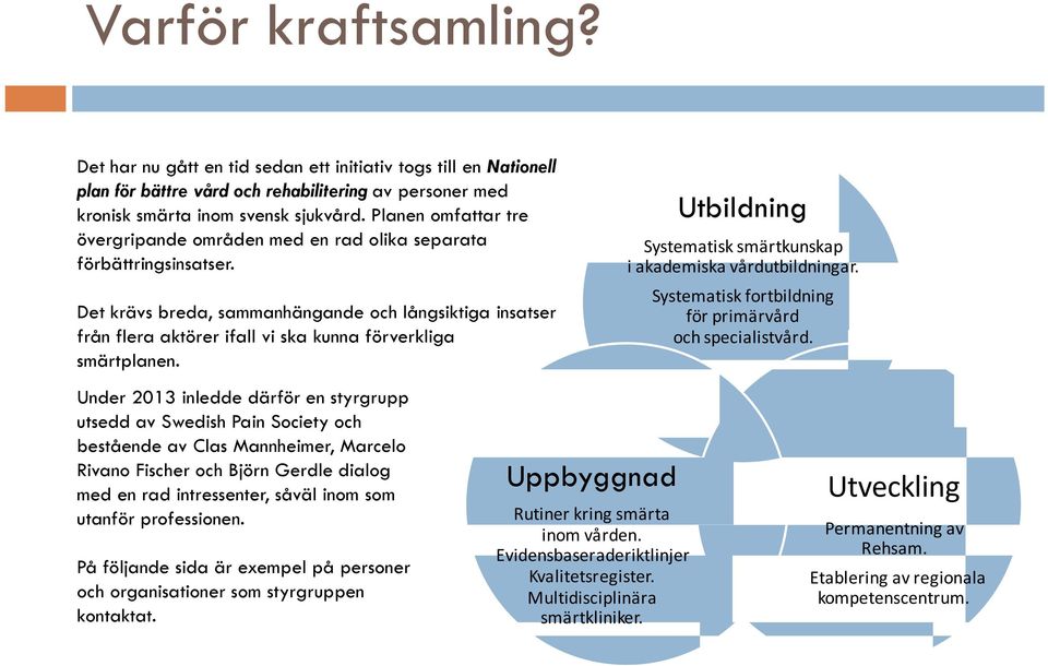 Det krävs breda, sammanhängande och långsiktiga insatser från flera aktörer ifall vi ska kunna förverkliga smärtplanen.