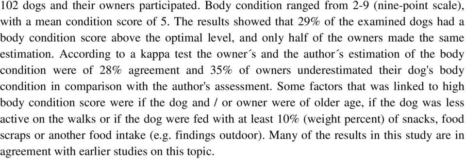 According to a kappa test the owner s and the author s estimation of the body condition were of 28% agreement and 35% of owners underestimated their dog's body condition in comparison with the