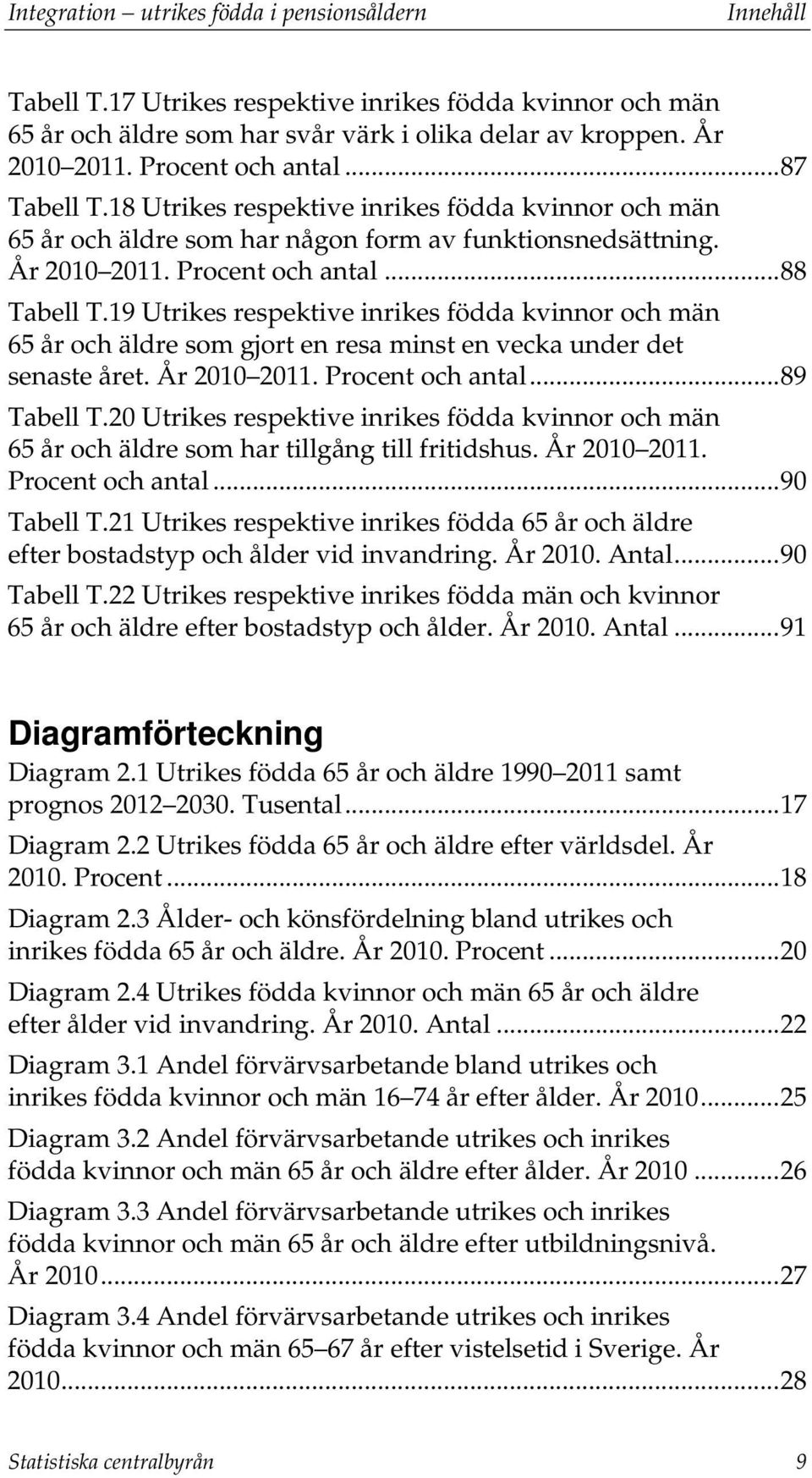 19 Utrikes respektive inrikes födda kvinnor och män 65 år och äldre som gjort en resa minst en vecka under det senaste året. År 2010 2011. Procent och antal... 89 Tabell T.