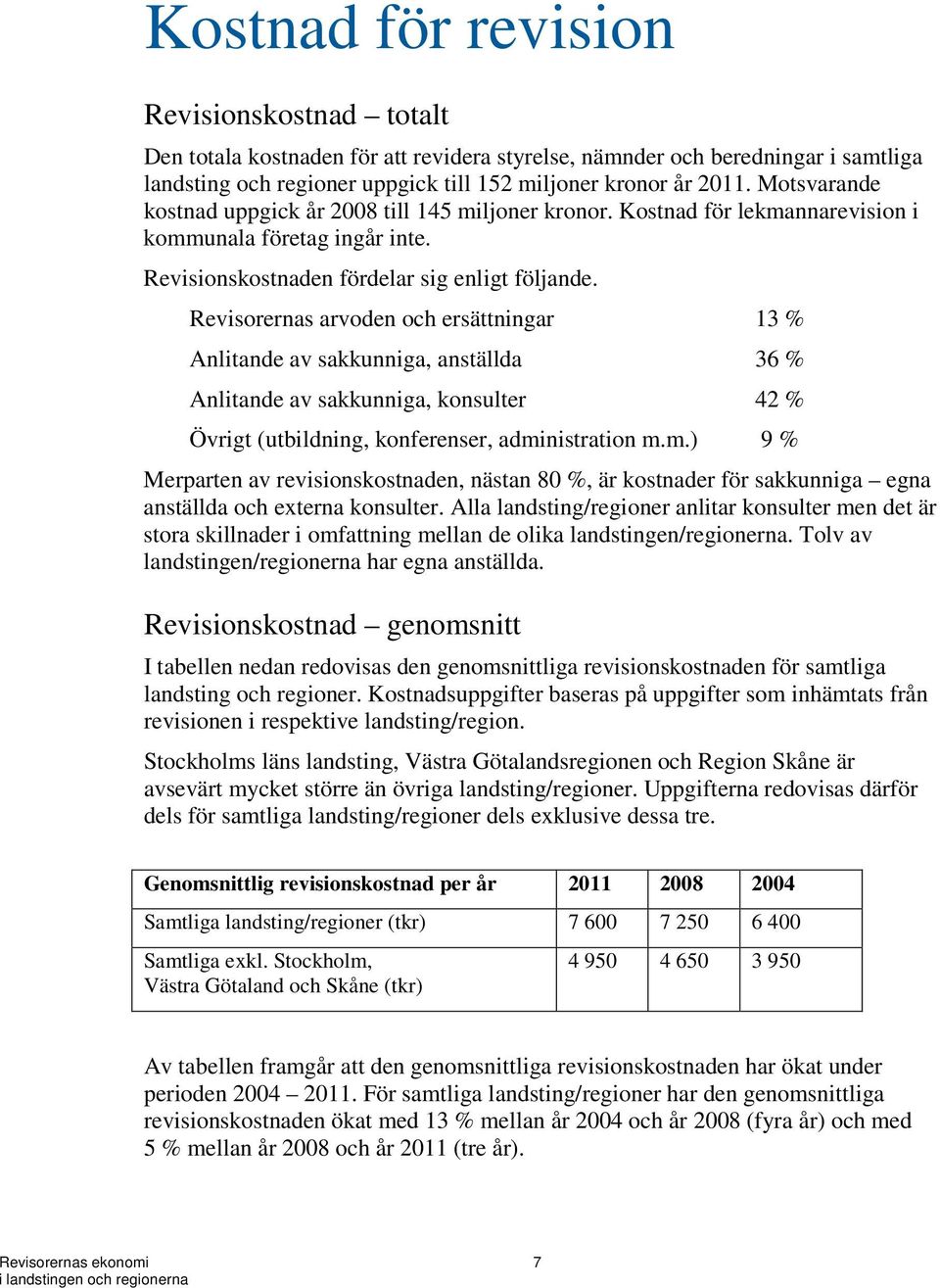 Revisorernas arvoden och ersättningar 13 % Anlitande av sakkunniga, anställda 36 % Anlitande av sakkunniga, konsulter 42 % Övrigt (utbildning, konferenser, admi