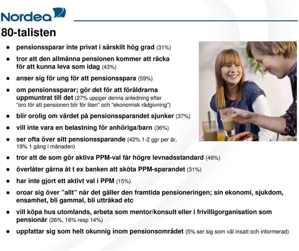 pensionssparandet sjunker (37%) vill inte vara en belastning för anhöriga/barn (36%) ser ofta över sitt pensionssparande (42% 1-2 ggr per år, 19% 1 gång i månaden) tror att de som gör aktiva PPM-val