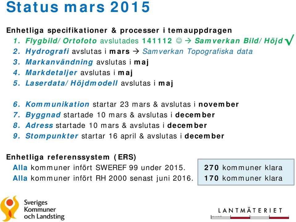 Kommunikation startar 23 mars & avslutas i november 7. Byggnad startade 10 mars & avslutas i december 8. Adress startade 10 mars & avslutas i december 9.