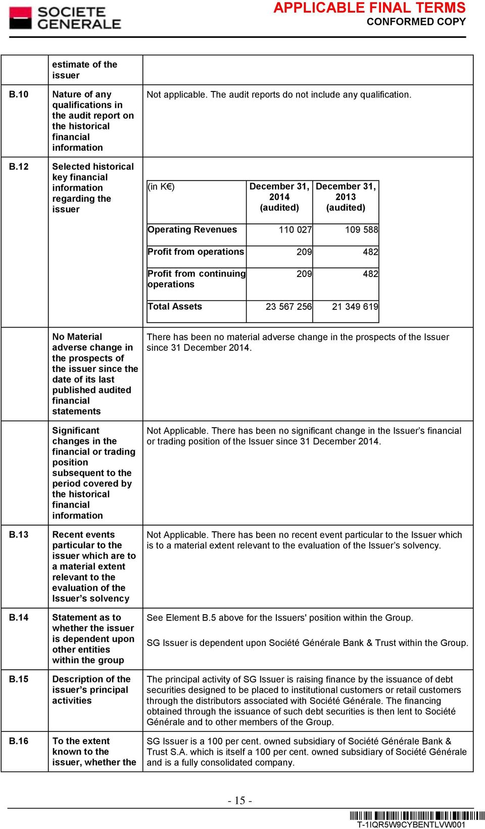 12 Selected historical key financial information regarding the issuer (in K ) December 31, 2014 (audited) December 31, 2013 (audited) Operating Revenues 110 027 109 588 Profit from operations 209 482