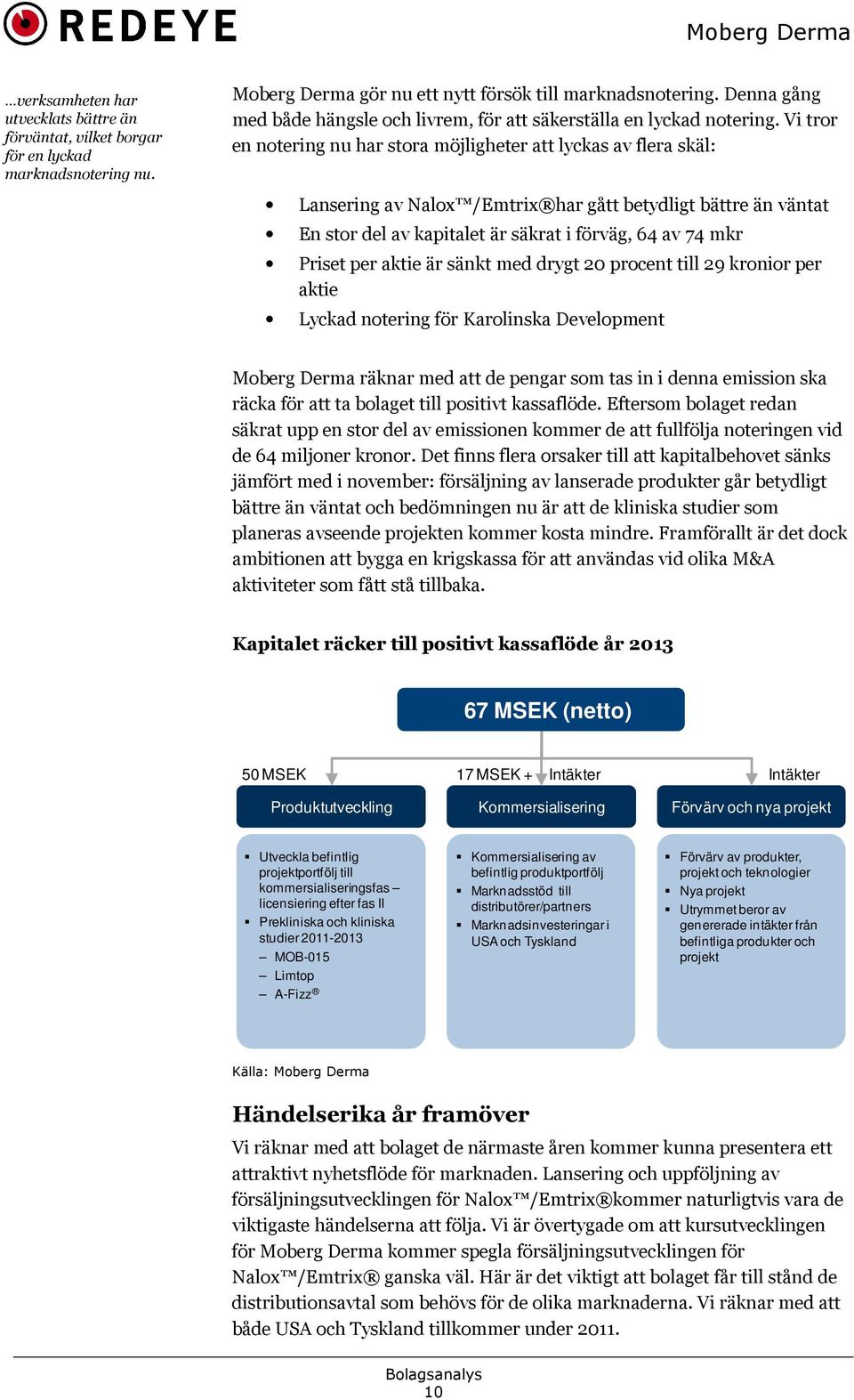 Vi tror en notering nu har stora möjligheter att lyckas av flera skäl: Lansering av Nalox /Emtrix har gått betydligt bättre än väntat En stor del av kapitalet är säkrat i förväg, 64 av 74 mkr Priset