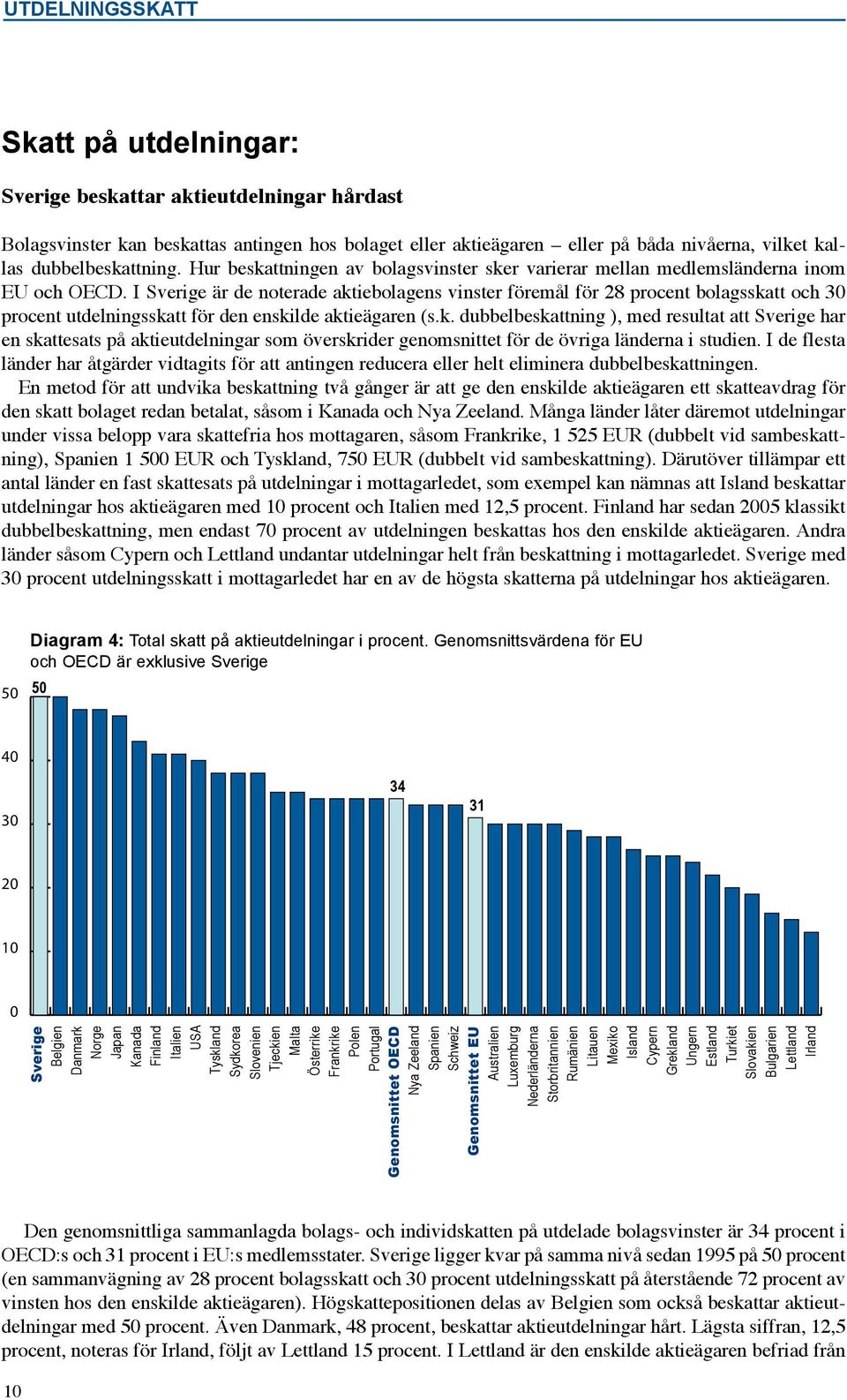 I är de noterade aktiebolagens vinster föremål för 28 procent bolagsskatt och procent utdelningsskatt för den enskilde aktieägaren (s.k. dubbelbeskattning ), med resultat att har en skattesats på aktieutdelningar som överskrider genomsnittet för de övriga länderna i studien.