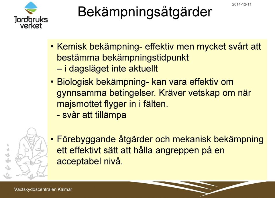 gynnsamma betingelser. Kräver vetskap om när majsmottet flyger in i fälten.