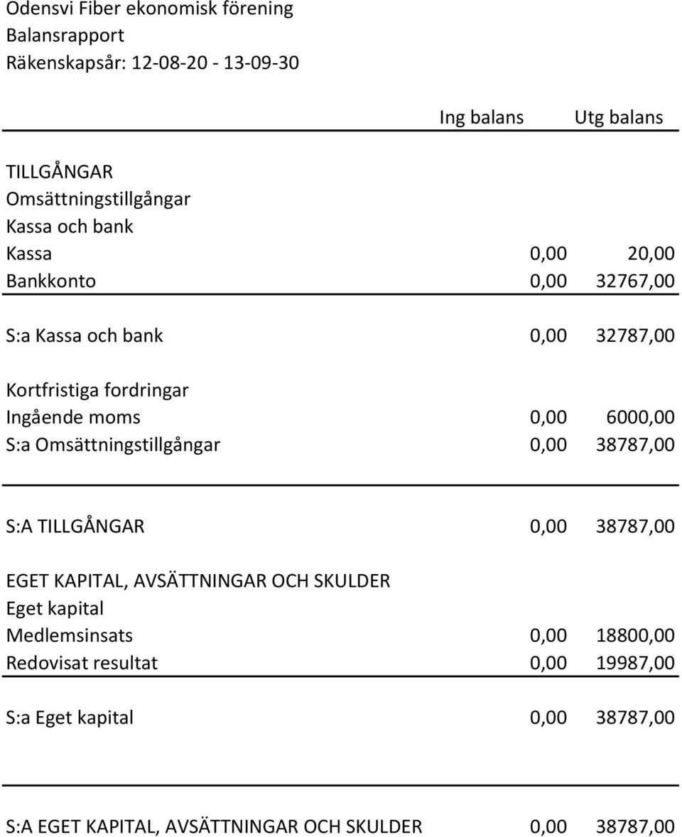 6000,00 S:a Omsättningstillgångar 0,00 38787,00 S:A TILLGÅNGAR 0,00 38787,00 EGET KAPITAL, AVSÄTTNINGAR OCH SKULDER Eget kapital