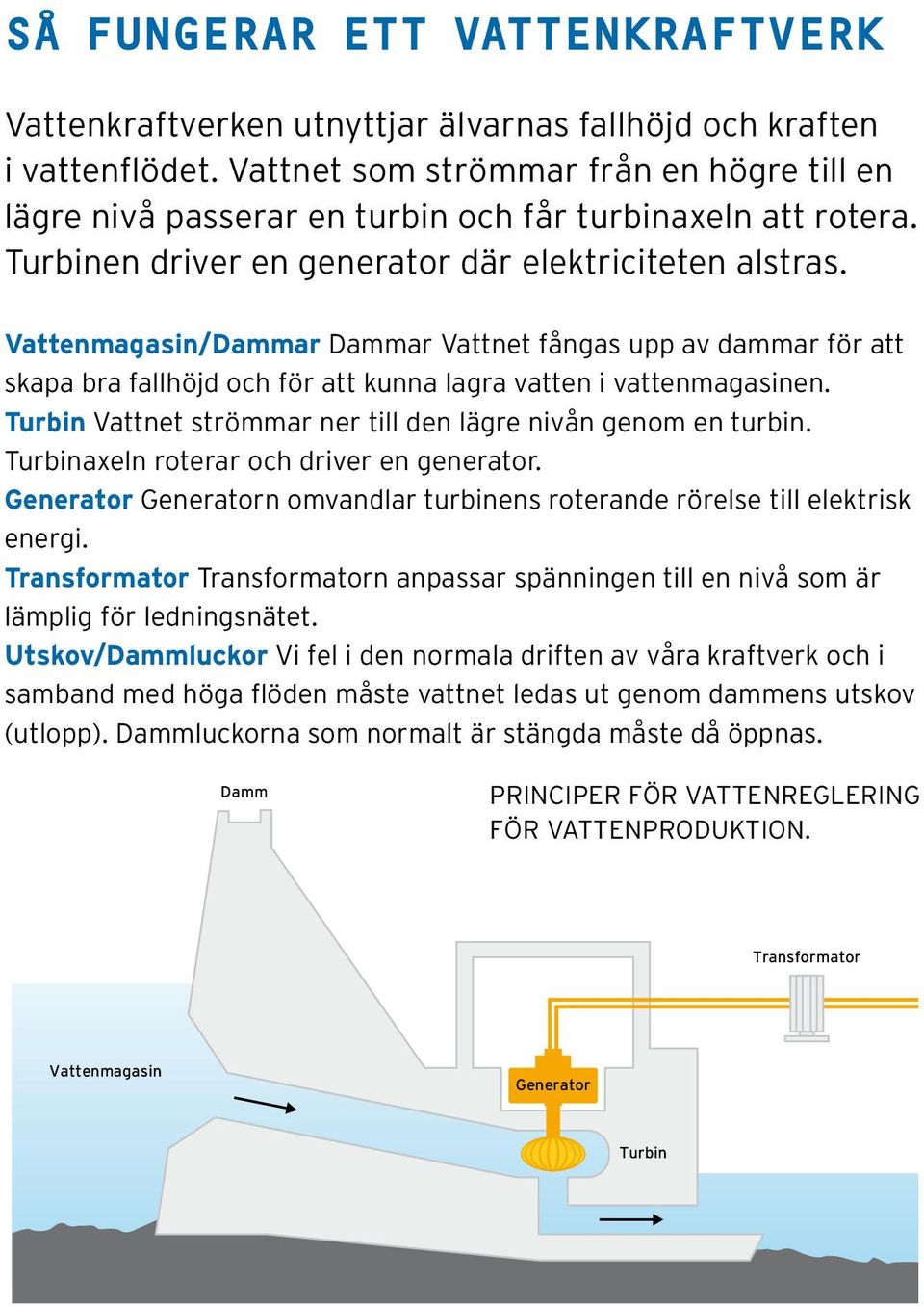 Vattenmagasin/Dammar Dammar Vattnet fångas upp av dammar för att skapa bra fallhöjd och för att kunna lagra vatten i vattenmagasinen. Turbin Vattnet strömmar ner till den lägre nivån genom en turbin.