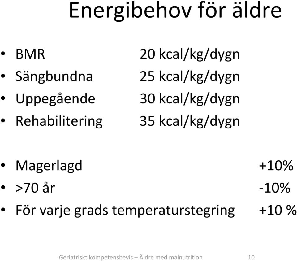 kcal/kg/dygn 35 kcal/kg/dygn Magerlagd +10% >70 år 10% För