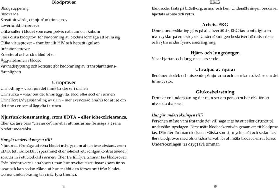 transplantationsförenlighet) Urinprover Urinodling visar om det finns bakterier i urinen Urinsticka visar om det finns äggvita, blod eller socker i urinen Urinelfores/dygnssamling av urin mer