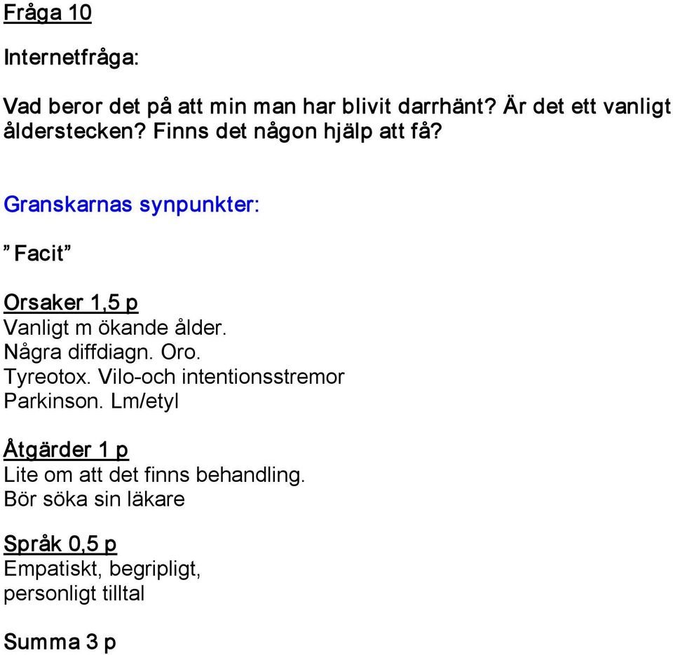 Facit Orsaker 1,5 p Vanligt m ökande ålder. Några diffdiagn. Oro. Tyreotox.