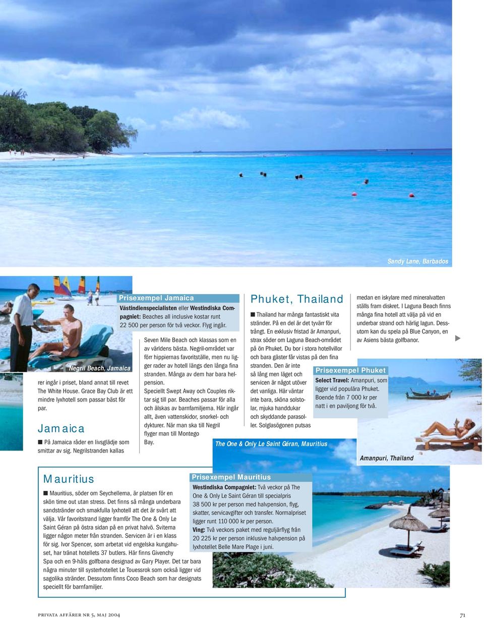Negrilstranden kallas Mauritius Prisexempel Jamaica Västindienspecialisten eller Westindiska Compagniet: Beaches all inclusive kostar runt 22 500 per person för två veckor. Flyg ingår.