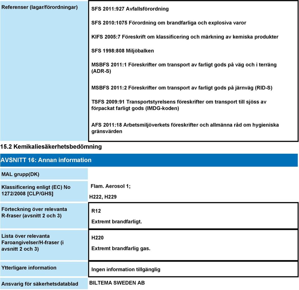 Transportstyrelsens föreskrifter om transport till sjöss av förpackat farligt gods (IMDG-koden) AFS 2011:18 Arbetsmiljöverkets föreskrifter och allmänna råd om hygieniska gränsvärden 15.