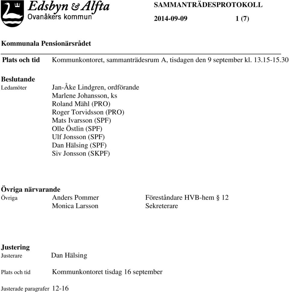 Ivarsson (SPF) Olle Östlin (SPF) Ulf Jonsson (SPF) Dan Hälsing (SPF) Siv Jonsson (SKPF) Övriga närvarande Övriga Anders Pommer