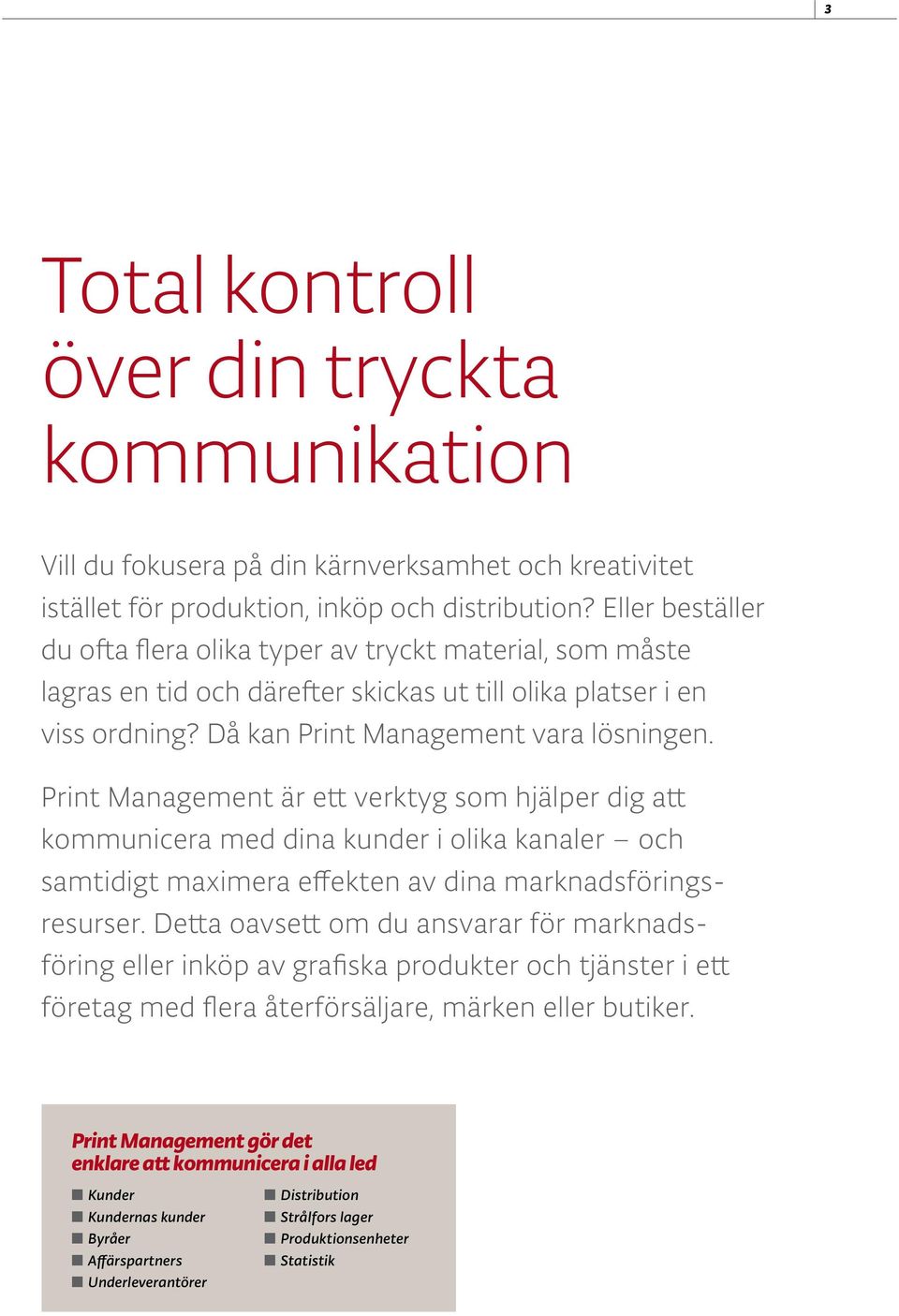 Print Management är ett verktyg som hjälper dig att kommunicera med dina kunder i olika kanaler och samtidigt maximera effekten av dina marknadsföringsresurser.