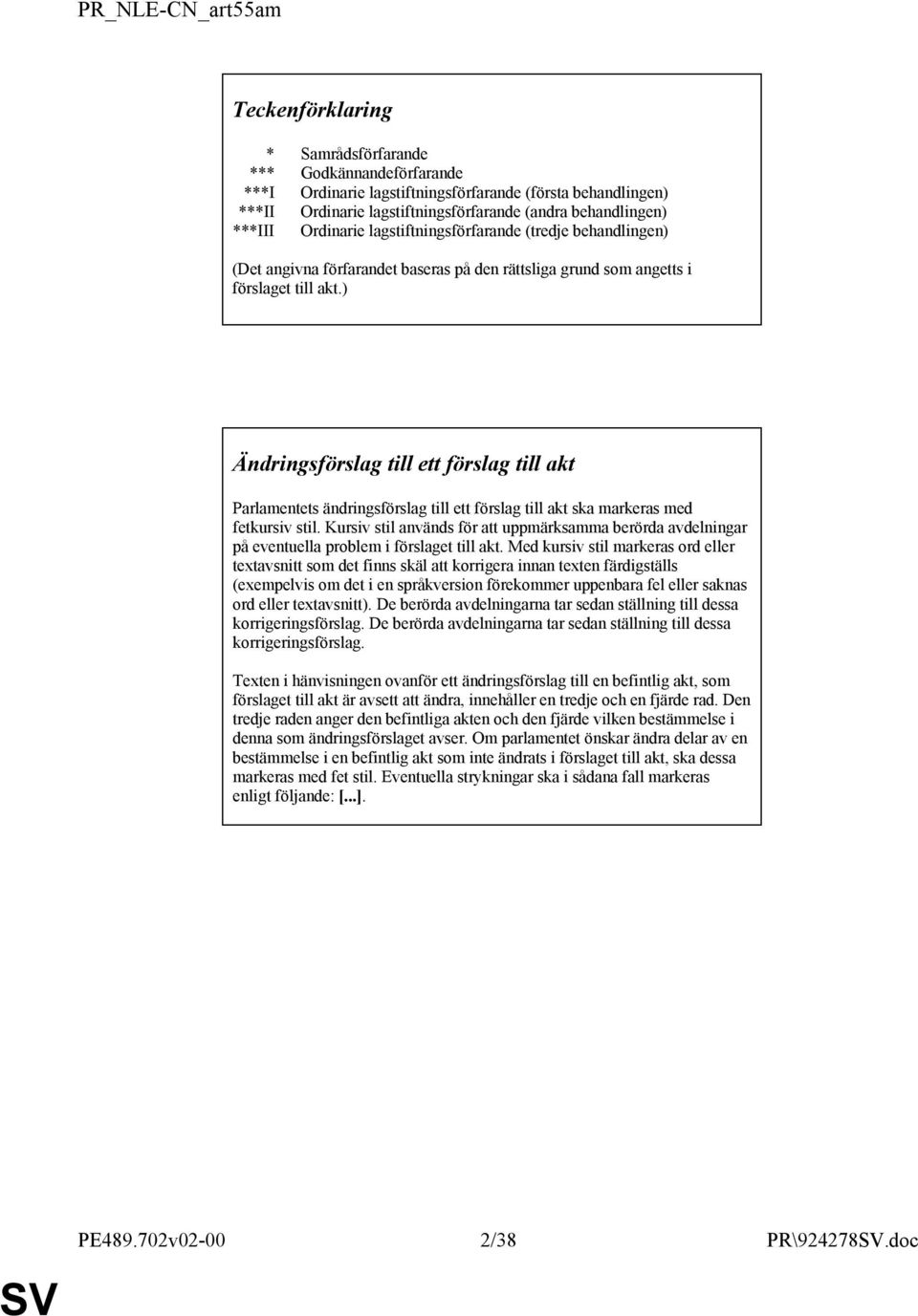 ) till ett förslag till akt Parlamentets ändringsförslag till ett förslag till akt ska markeras med fetkursiv stil.