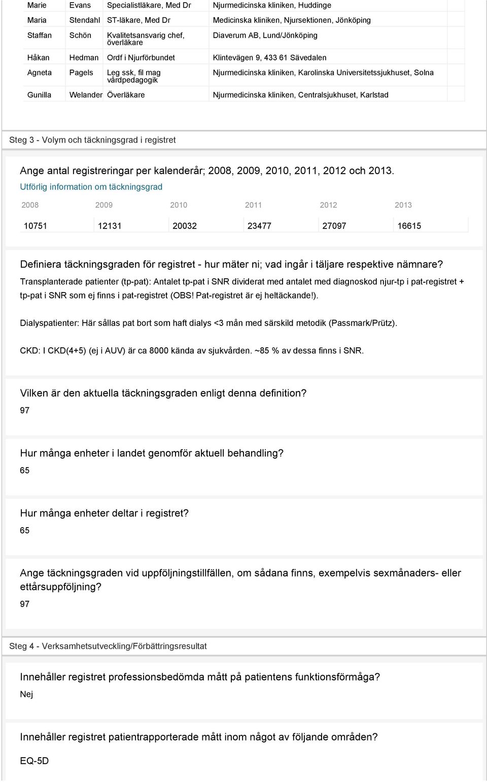 Solna Gunilla Welander Överläkare Njurmedicinska kliniken, Centralsjukhuset, Karlstad Steg 3 - Volym och täckningsgrad i registret Ange antal registreringar per kalenderår; 2008, 2009, 2010, 2011,