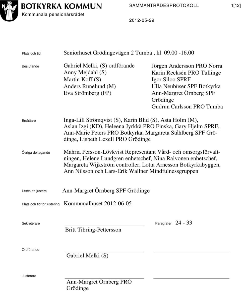 Strömberg (FP) Ann-Margret Örnberg SPF Grödinge Gudrun Carlsson PRO Tumba Ersättare Övriga deltagande Inga-Lill Strömqvist (S), Karin Blid (S), Asta Holm (M), Aslan Izgi (KD), Heleena Jyrkkä PRO