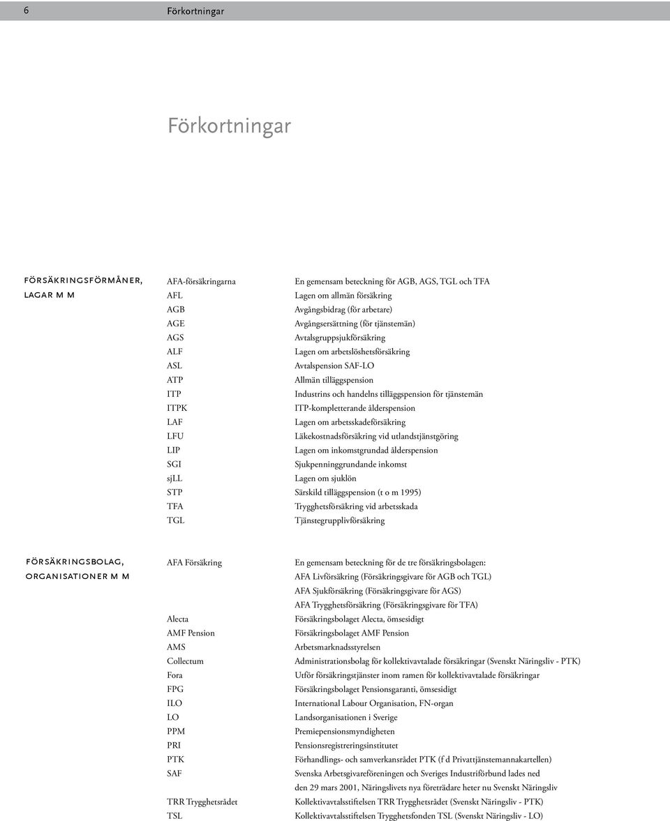 för tjänstemän ITPK ITP-kompletterande ålderspension LAF Lagen om arbetsskadeförsäkring LFU Läkekostnadsförsäkring vid utlandstjänstgöring LIP Lagen om inkomstgrundad ålderspension SGI