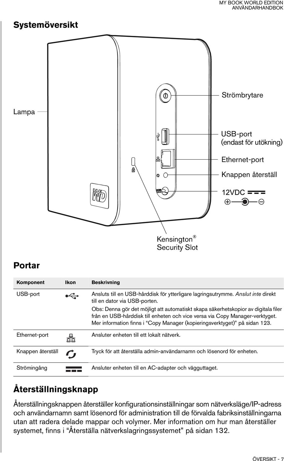Obs: Denna gör det möjligt att automatiskt skapa säkerhetskopior av digitala filer från en USB-hårddisk till enheten och vice versa via Copy Manager-verktyget.