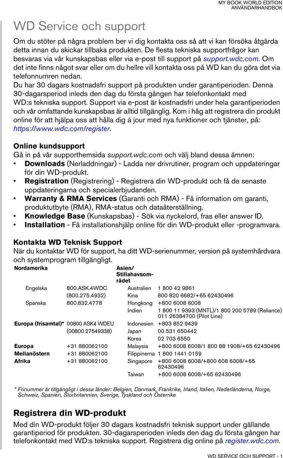 Om det inte finns något svar eller om du hellre vill kontakta oss på WD kan du göra det via telefonnumren nedan. Du har 30 dagars kostnadsfri support på produkten under garantiperioden.
