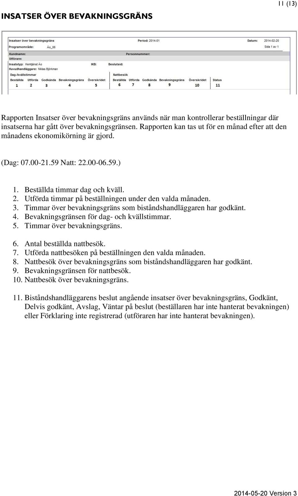 3. Timmar över bevakningsgräns som biståndshandläggaren har godkänt. 4. Bevakningsgränsen för dag- och kvällstimmar. 5. Timmar över bevakningsgräns. 6. Antal beställda nattbesök. 7.