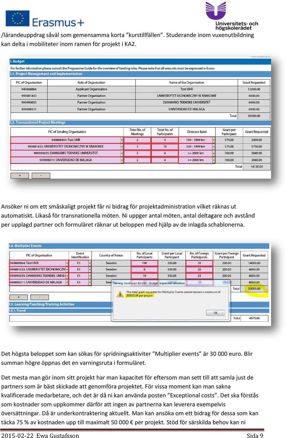 Ni uppger antal möten, antal deltagare och avstånd per upplagd partner och formuläret räknar ut beloppen med hjälp av de inlagda schablonerna.