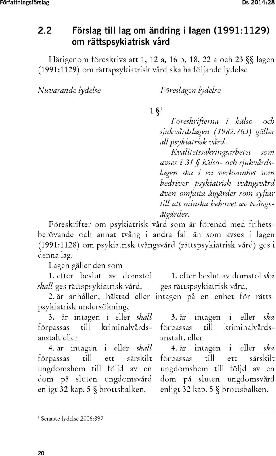 Nuvarande lydelse Föreslagen lydelse 1 1 Föreskrifterna i hälso- och sjukvårdslagen (1982:763) gäller all psykiatrisk vård.