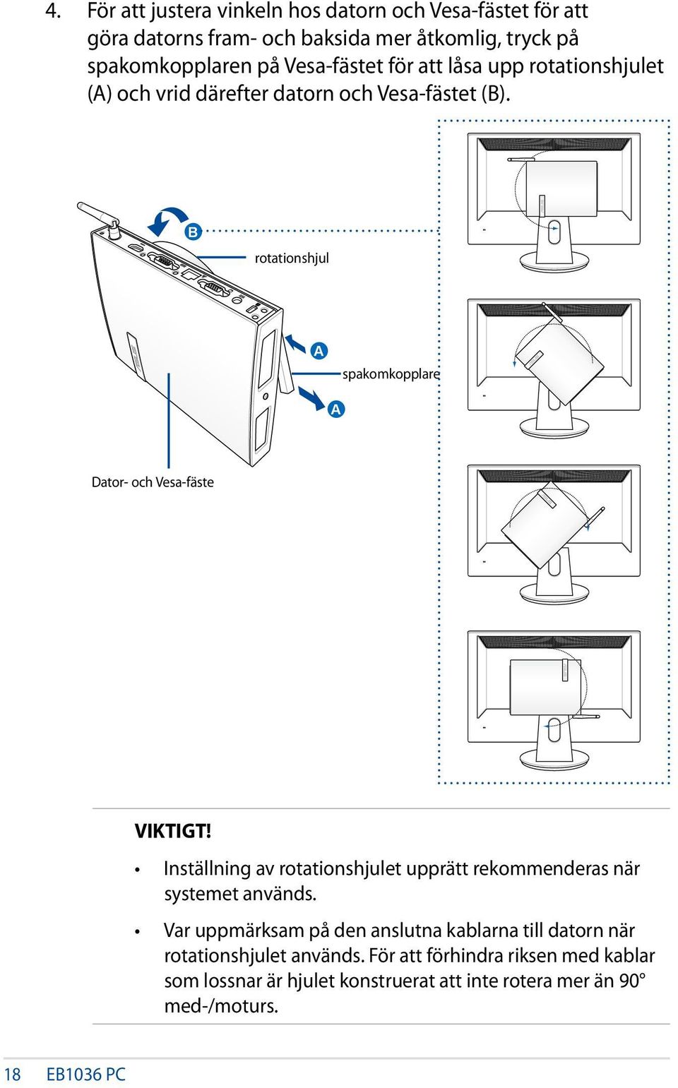B rotationshjul A spakomkopplare A Dator- och Vesa-fäste VIKTIGT! Inställning av rotationshjulet upprätt rekommenderas när systemet används.